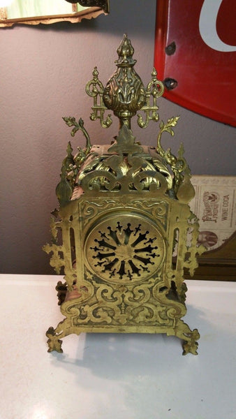 Ornate Brass Antique Mantle Clock w/ Chime Bell Decorated w/ a Lions Head