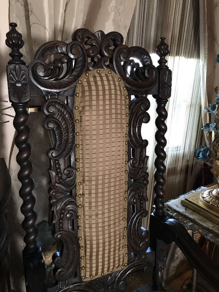 Antique Carved Pair Wood Barley Twist Throne Chairs Pair Amazing Detail 1850