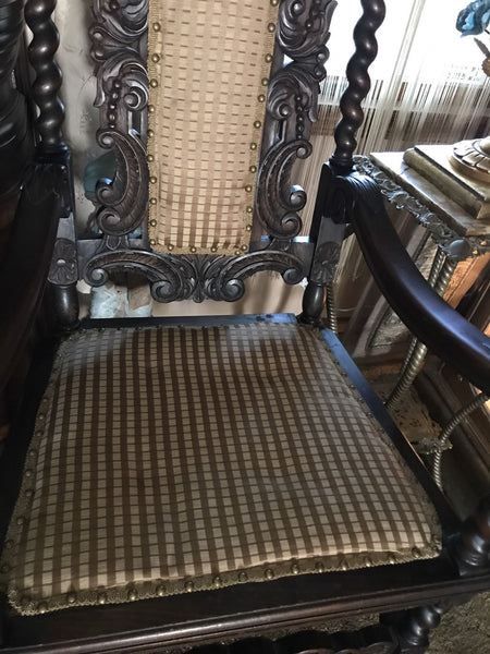 Antique Carved Pair Wood Barley Twist Throne Chairs Pair Amazing Detail 1850