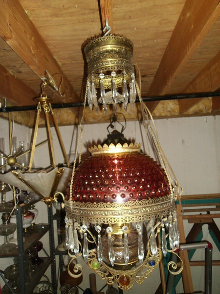 Antique Retractable Hangng Oil Lamp Cranberry