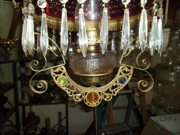 Antique Retractable Hangng Oil Lamp Cranberry