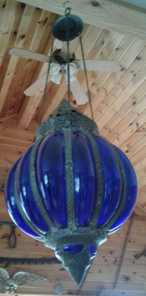 Antique Iron Leaded Glass Hanging Candle Light Lamp Glass Victorian Cobolt Blue