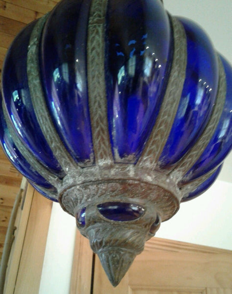 Antique Iron Leaded Glass Hanging Candle Light Lamp Glass Victorian Cobolt Blue