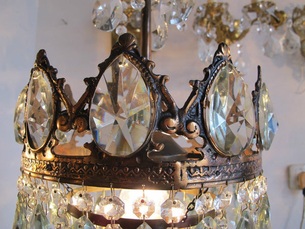 Antique French Pretty Crystal Chandelier Lamp Light 1940s 10"dmtr