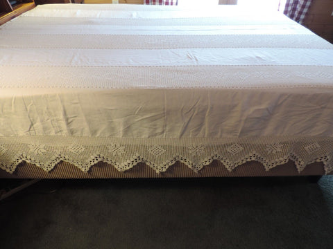 Vintage Crochet Bed Cover Linens Bedspread Shabby Rose White Cotton French Style