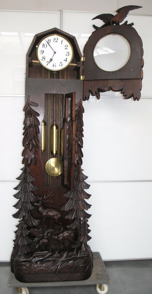 Beautiful Antique Fine Carved Wood Black Forest Grandfather Clock