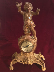 Antique Mantle Shelf Clock Cherub With Bird France, Late 1800s - Early 1900s