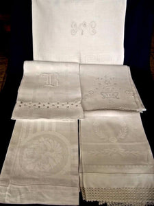 Lot 5 Antique White Huck Linen Bath Show Towels Damask Monograms Lace Embroidery