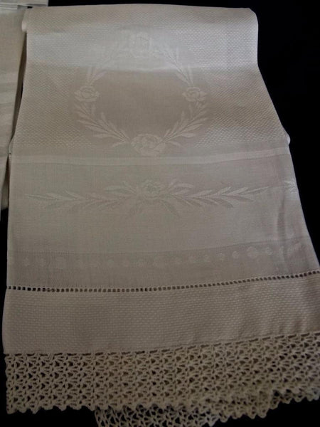 Lot 5 Antique White Huck Linen Bath Show Towels Damask Monograms Lace Embroidery
