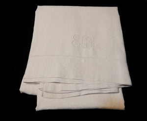Antique Linen Dowry Bed Sheet w Embroidery Monogram ELR 70" x 94.5"