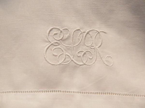 Antique Linen Dowry Bed Sheet w Embroidery Monogram ELR 70" x 94.5"