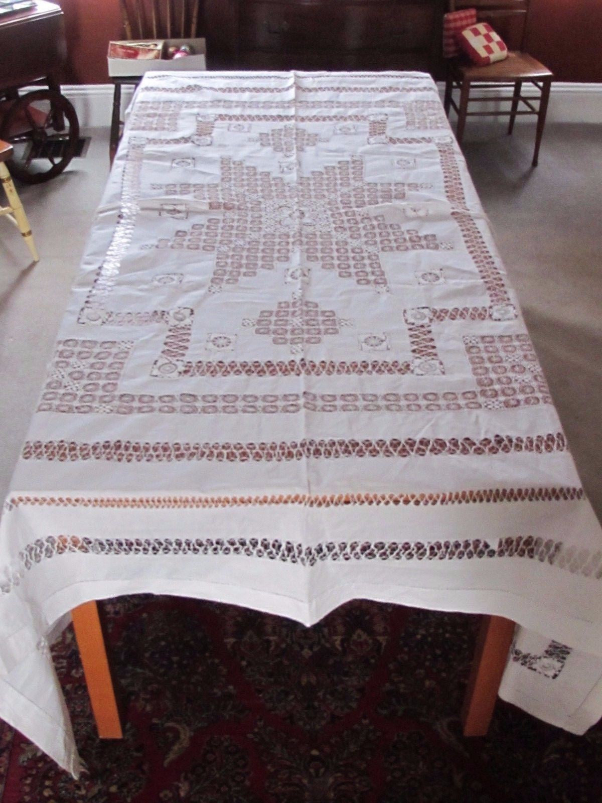 Antique Drawn THREAD Hand LACE Tablecloth Large 84" x 92" Old Estate