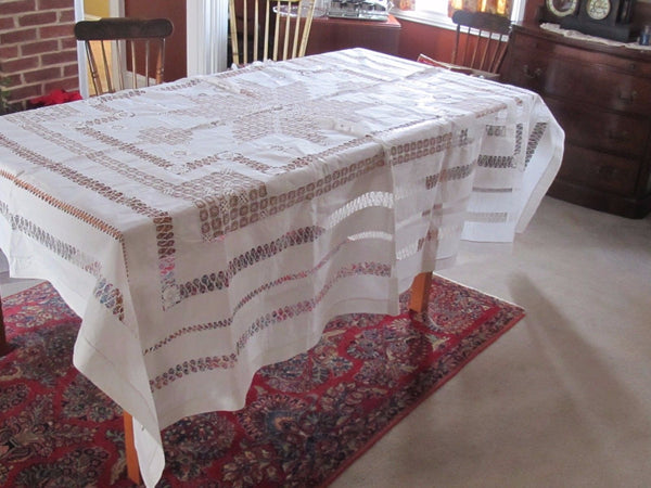 Antique Drawn THREAD Hand LACE Tablecloth Large 84" x 92" Old Estate