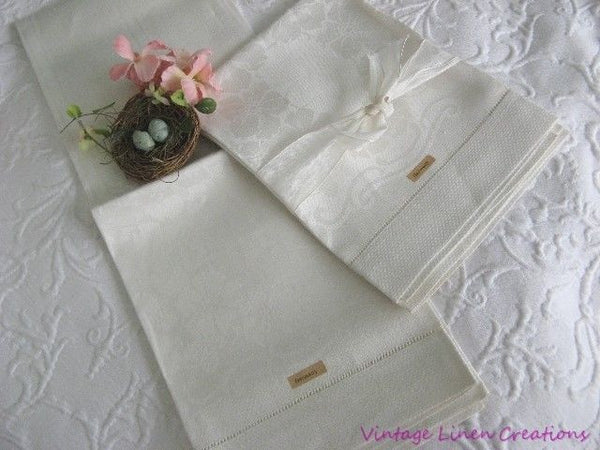Elegant Antique Creamy Floral DAMASK Bath German Linen Guest Towel