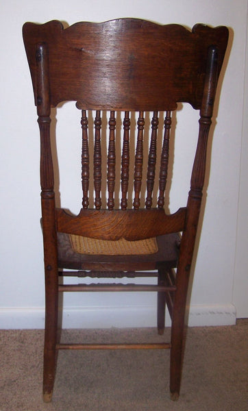 Antique Kitchen Dining Chair Vintage Pressed Oak Wood Spindle Back Caned Seat