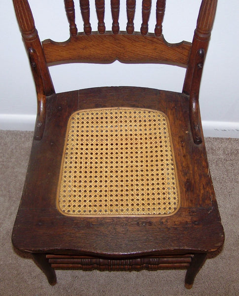 Antique Kitchen Dining Chair Vintage Pressed Oak Wood Spindle Back Caned Seat