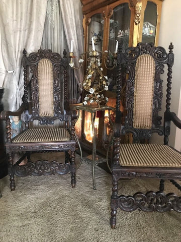 Antique Carved Pair Wood Barley Twist Throne Chairs Pair Amazing Detail 1850