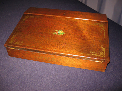 1800s ANTIQUE WALNUT WOOD LAP TOP WRITING DESK w GOLD TRIM & COMPARTMENTS UNIQUE