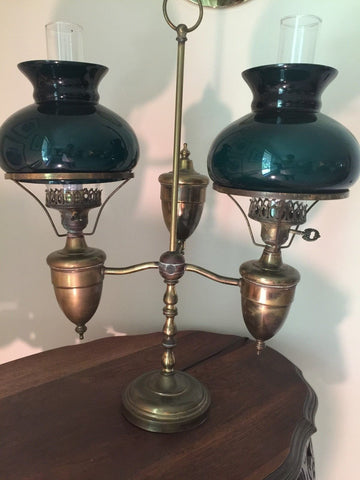 Antique Student / Desk Double Lamp Brass & Green Shades Electrified