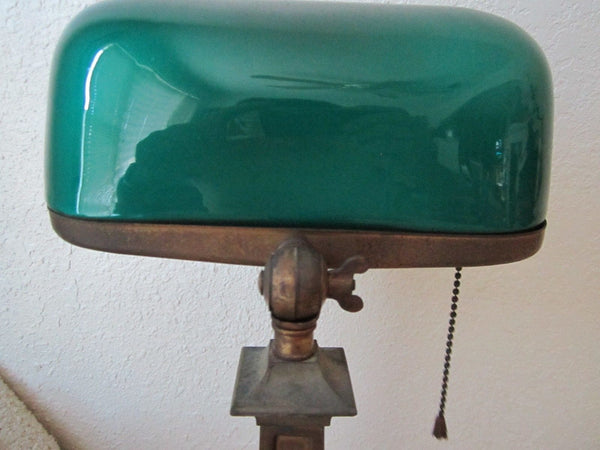 Original Antique Emeralite Bankers Desk Lamp / Emerald Glass Shade