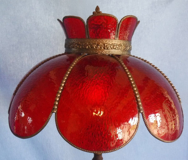 Antique Ornate Twisted Wood Floor Lamp Light w/ Ruby Red Glass Shade