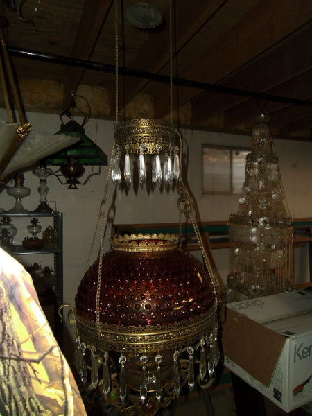 Antique Retractable Hangng Oil Lamp Cranberry