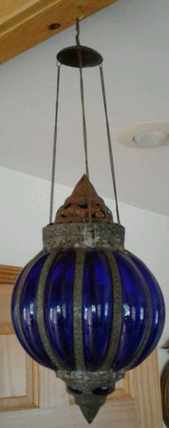 Antique Iron Leaded Glass Hanging Candle Light Lamp Glass Victorian Cobolt Blue