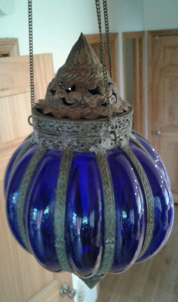 Antique Iron Leaded Glass Hanging Candle Light Lamp Glass Victorian Cobolt Blue