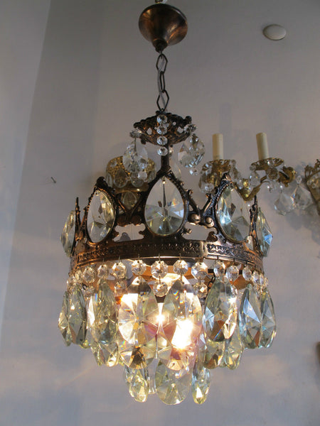 Antique French Pretty Crystal Chandelier Lamp Light 1940s 10"dmtr