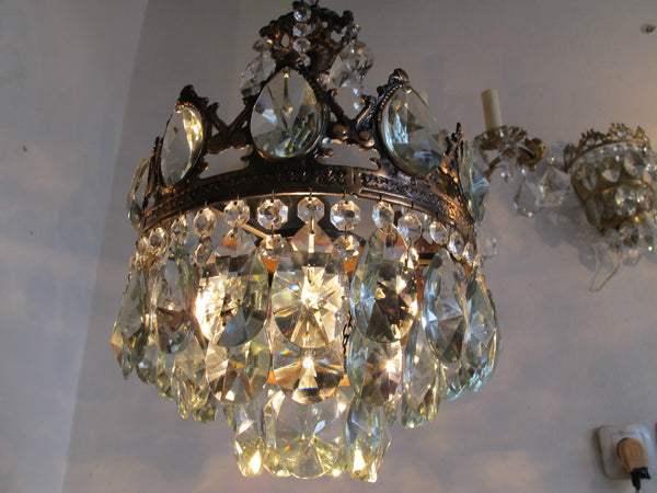 Antique French Pretty Crystal Chandelier Lamp Light 1940s 10"dmtr