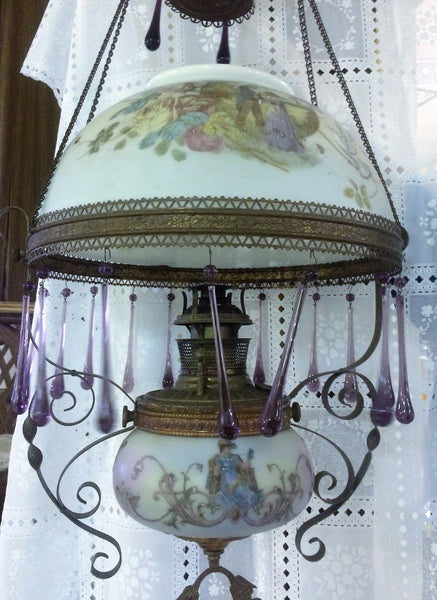 Antique Bradley & Hubbard Victorian Hanging Original Parlor Library Oil Lamp