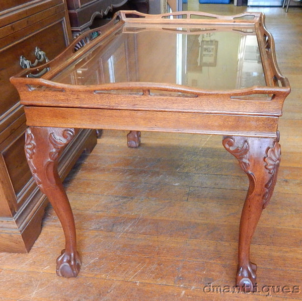 Antique Solid Mahogany Tea Coffee Table with Carved Floral Design and Ball & Claw Foot, and Glass Top Tray.