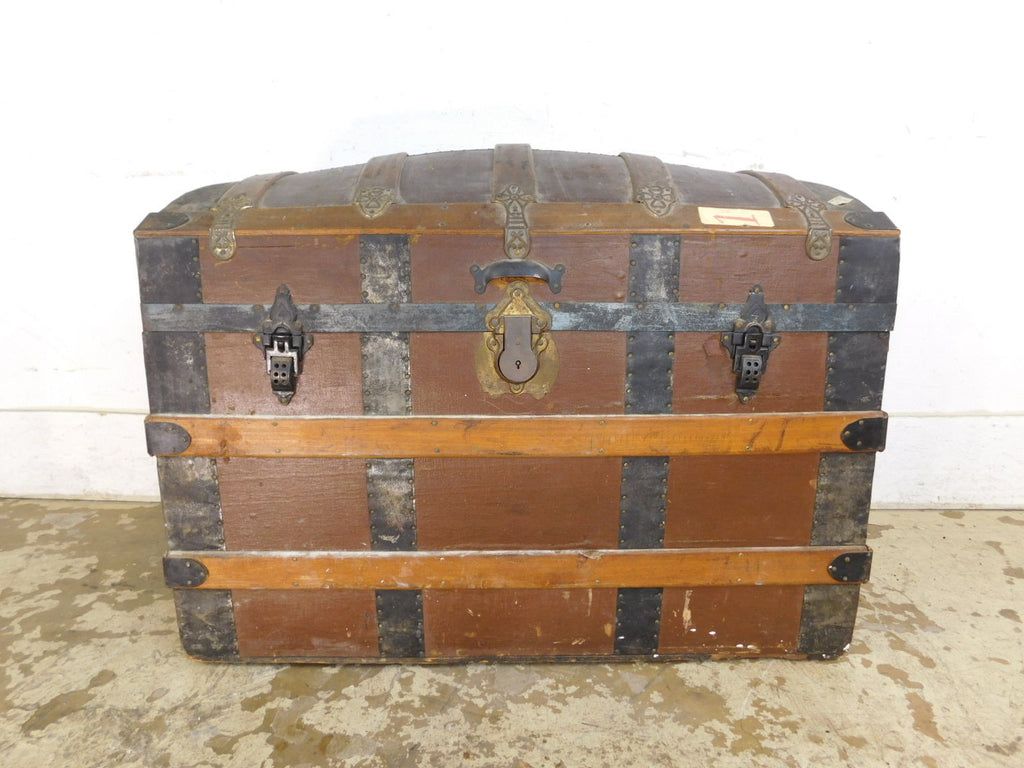 Antique Victorian Dome Top Chest Steamer Trunk Canvas & Oak Metal Banded 28
