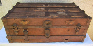 Antique Steamer Trunk Chest w/ Tray Flattop Rustic Stagecoach Canvas Wood Metal